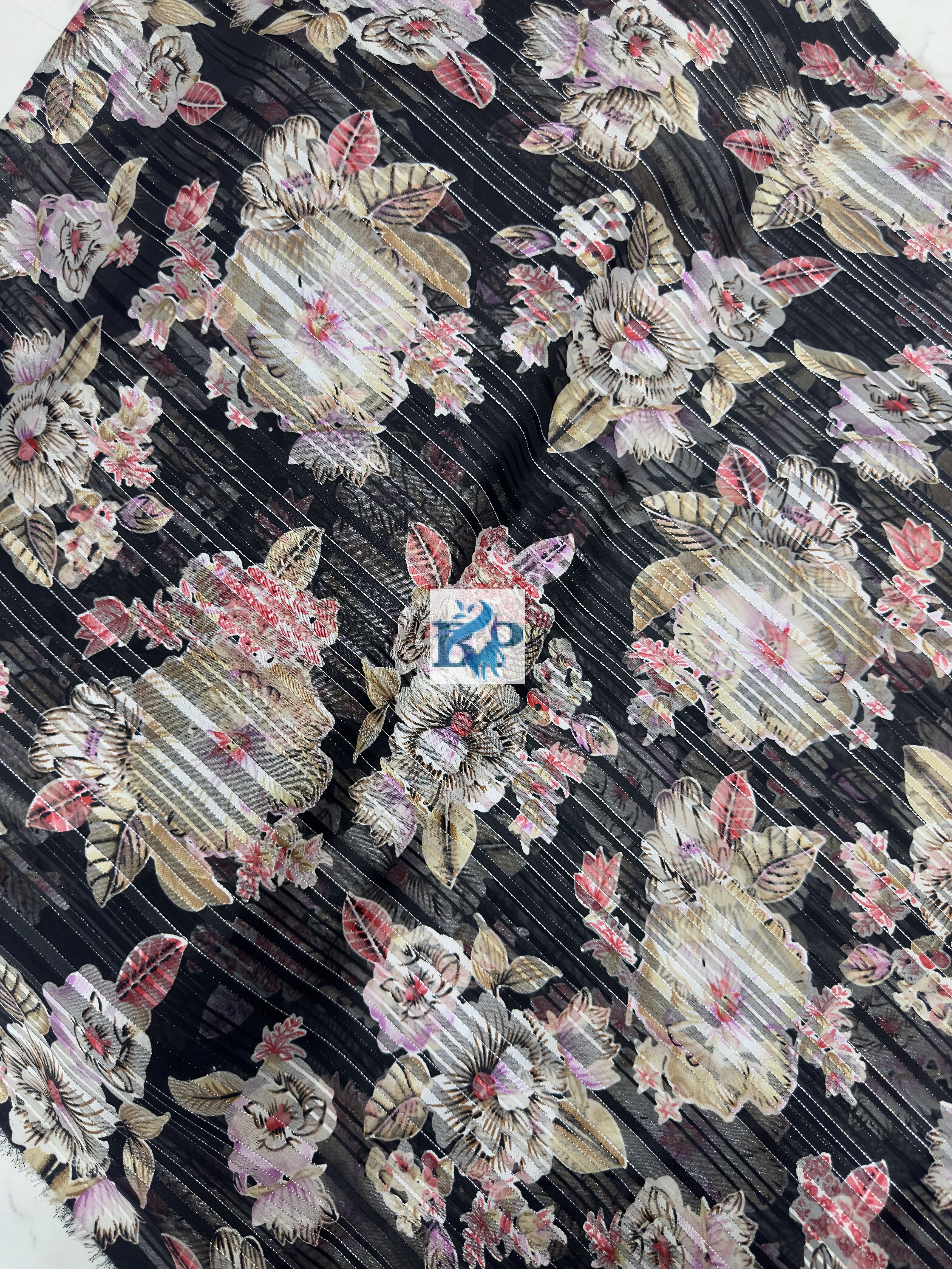 Strip lenin multicolor floral design printed chiffon georgette fabric