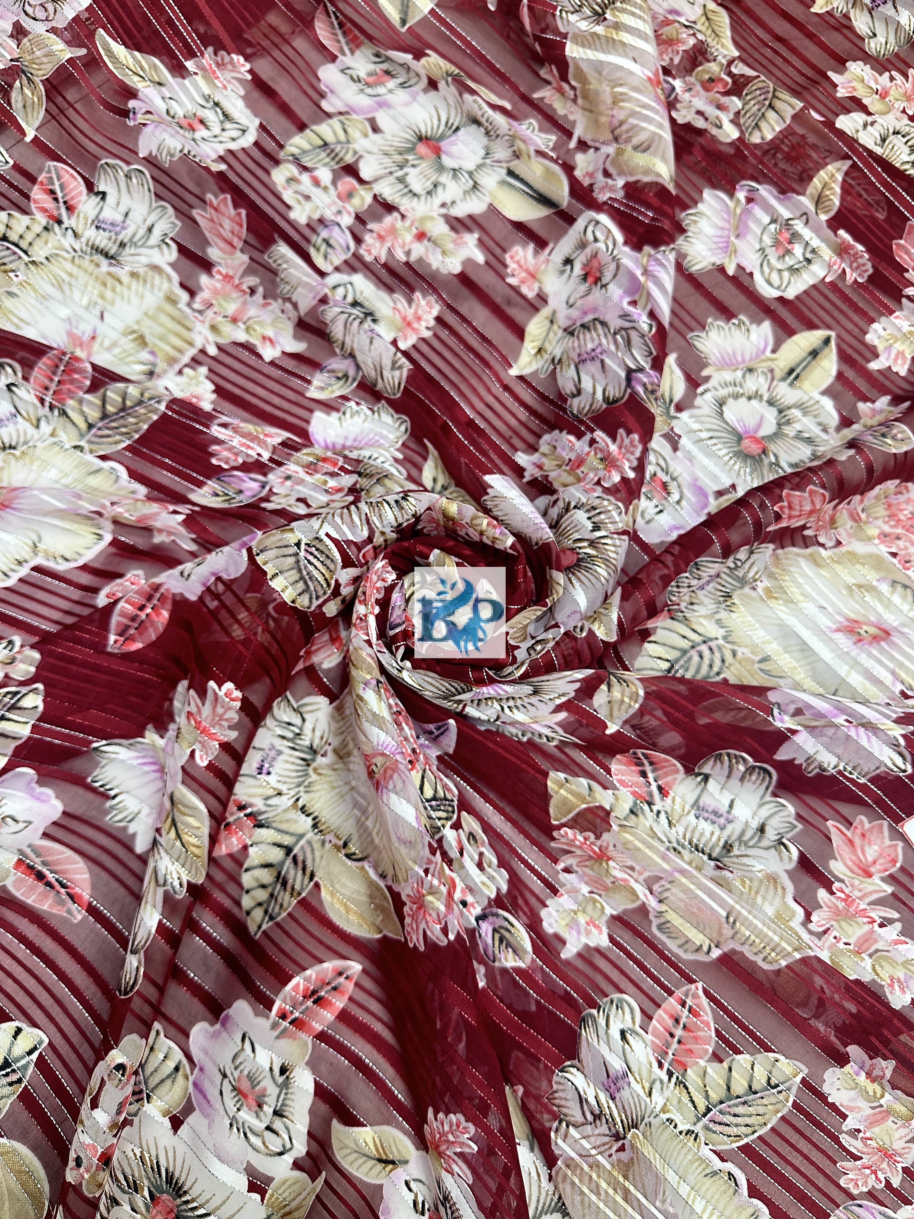 Strip lenin multicolor floral design printed chiffon georgette fabric