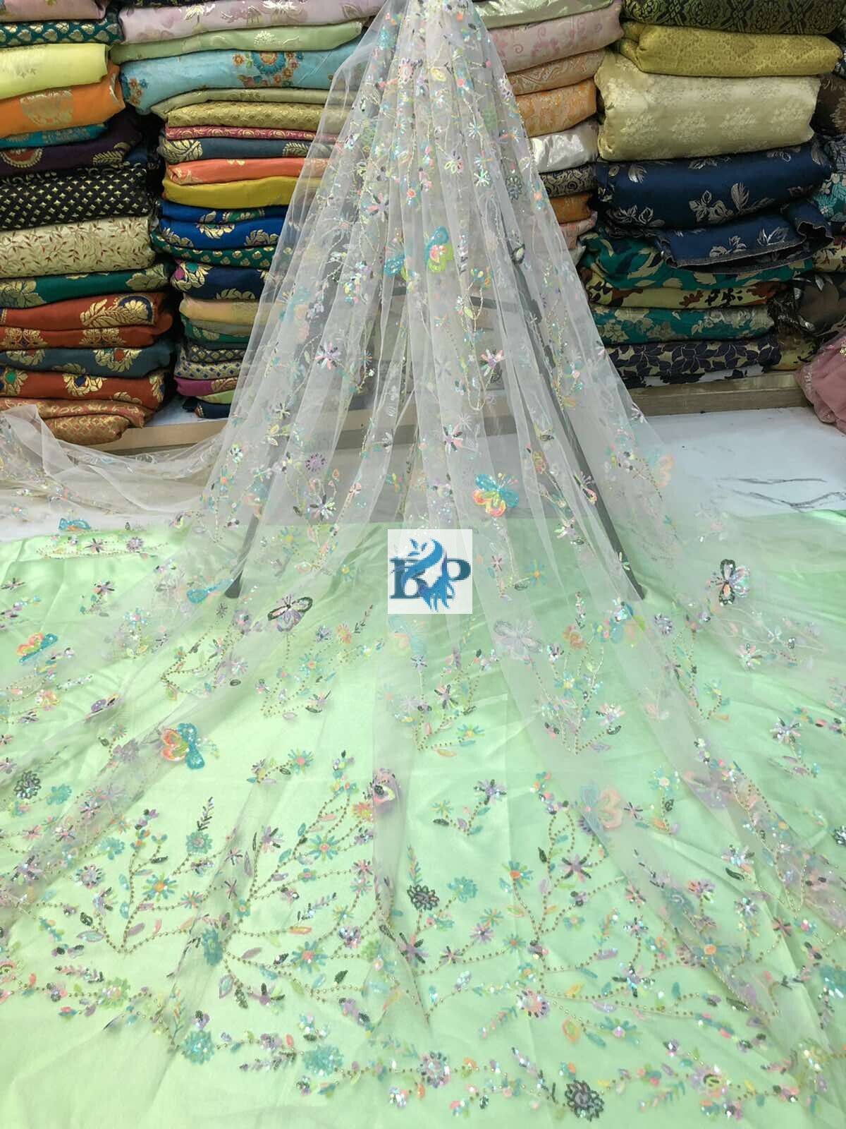 MESH Embroidery’s Fabric With Beaded Flowers With Glitter 