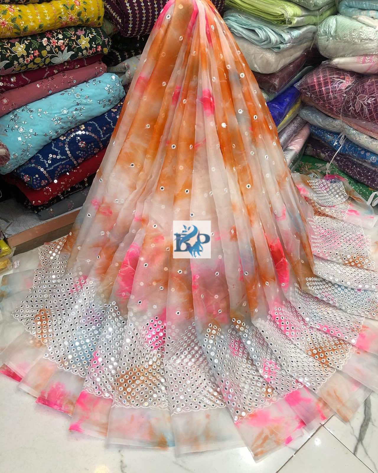 TYE DYED ORGANZA MIRROR WORK FABRIC