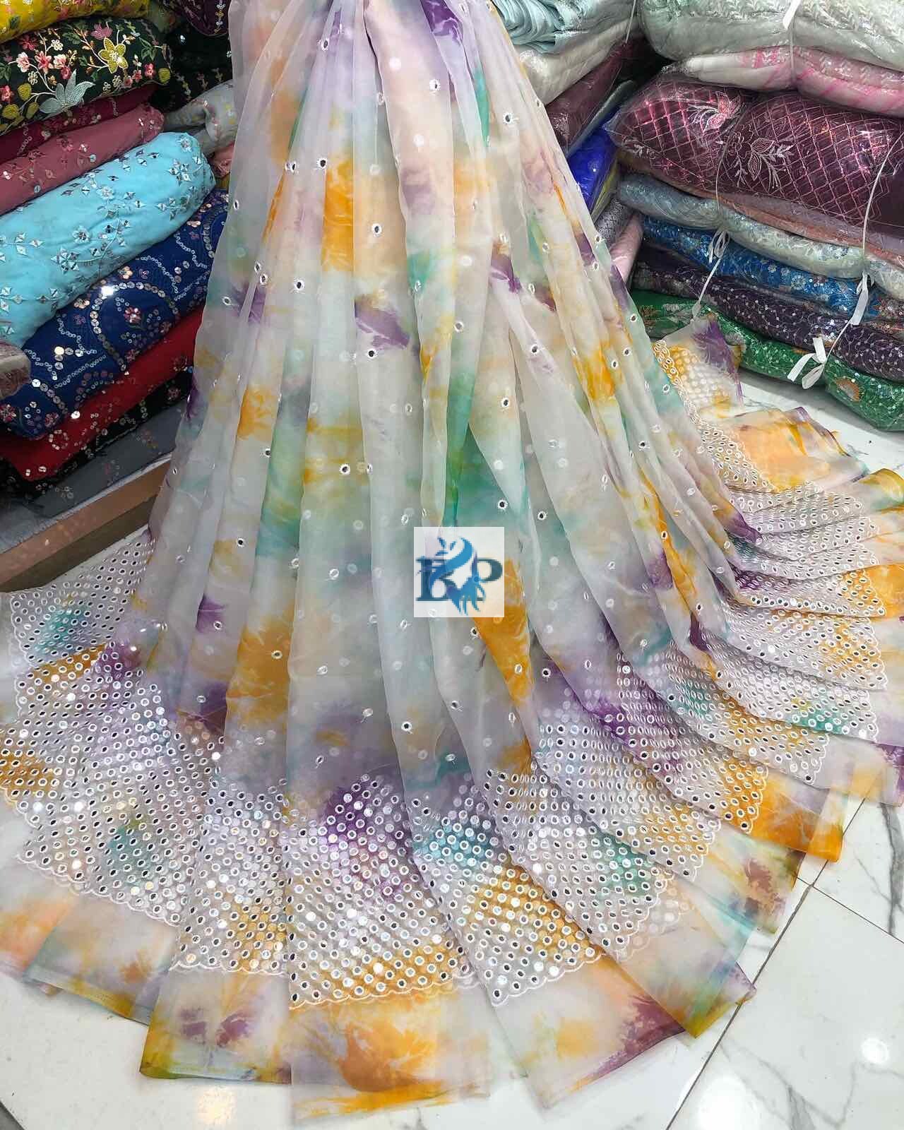 TYE DYED ORGANZA MIRROR WORK FABRIC