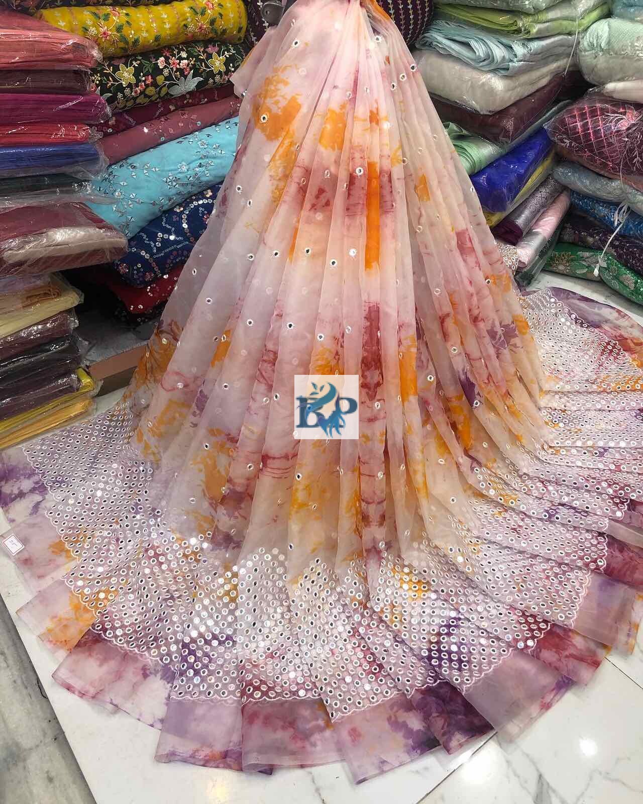 TYE DYED ORGANZA MIRROR WORK FABRIC