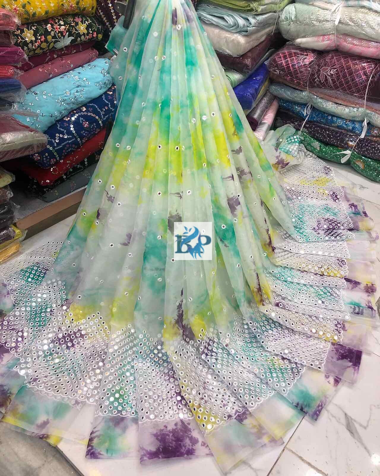 TYE DYED ORGANZA MIRROR WORK FABRIC