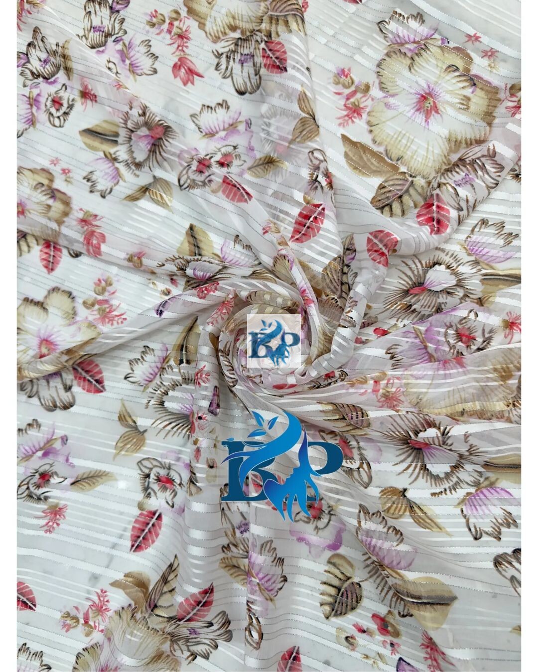 Strip lenin multicolor floral design printed chiffon georgette fabric