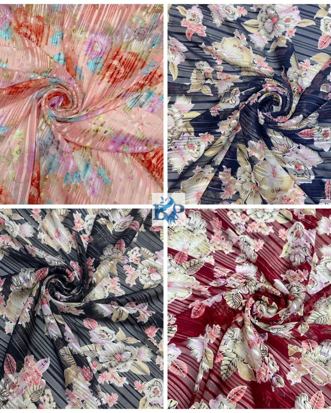 Strip lenin multicolor floral design printed chiffon georgette fabric